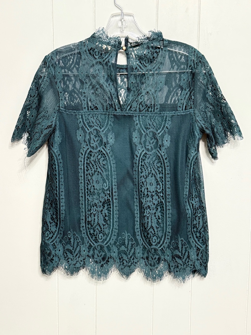 #19) Eyeshadow Lace High-Neck Short Sleeve Top - Teal Green - Picture 2 of 5